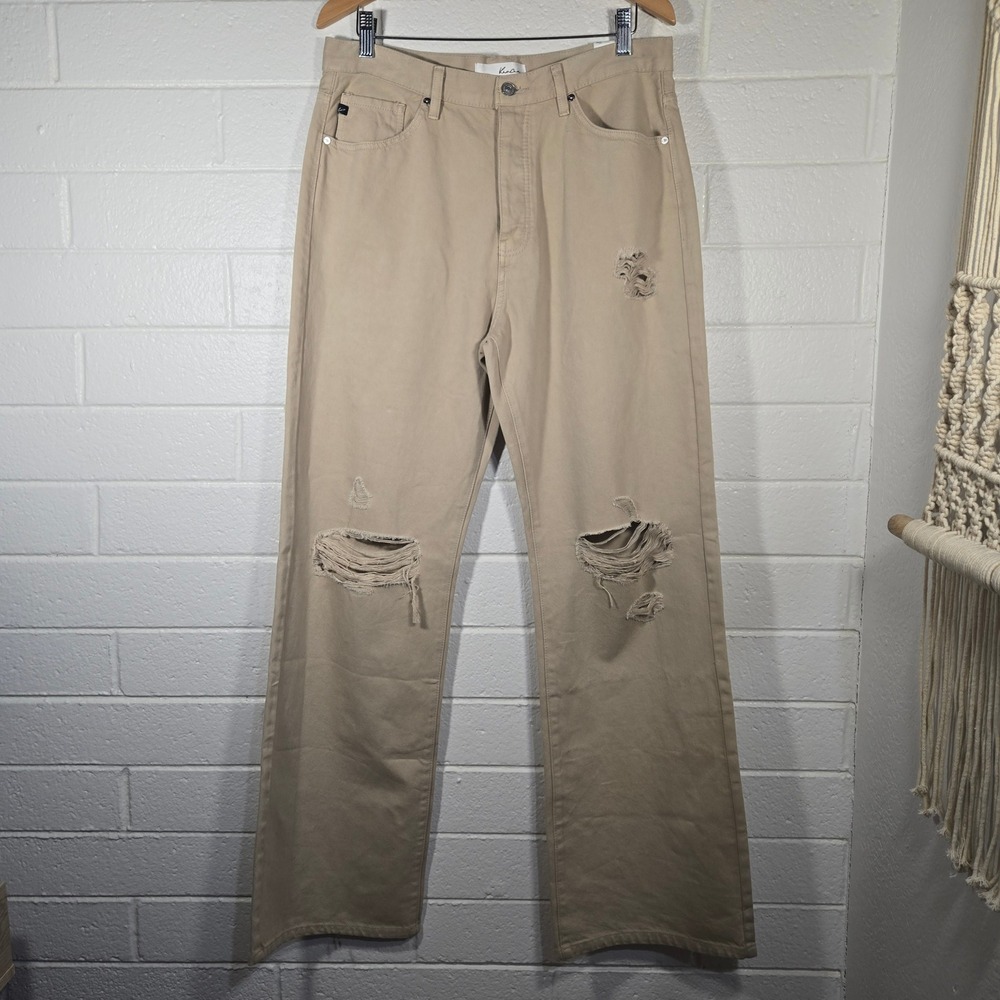 NWT KanCan Long Distressed Wide Leg Jeans 13 Tan High Rise Button Fly Casual